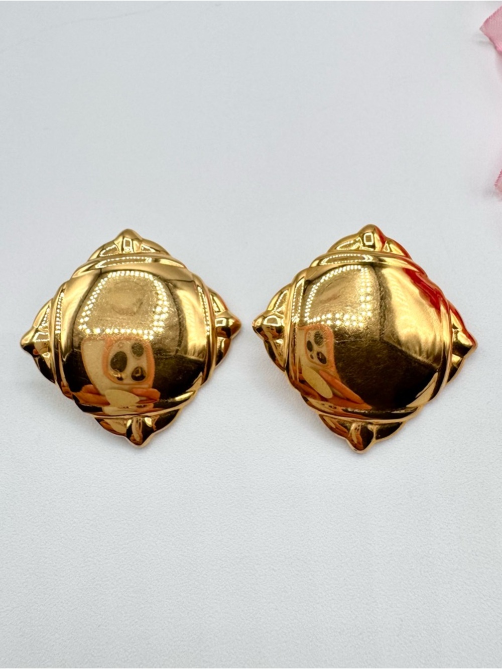 Vintage 90s Monet Shiny Gold Tone Diamond Shape Earrings Runway Statement Signed